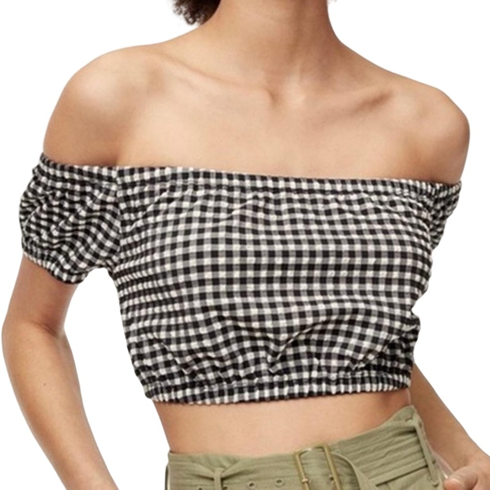 Aritzia Wilfred Black & White Crop Top With Puff Sleeve Gingham Print